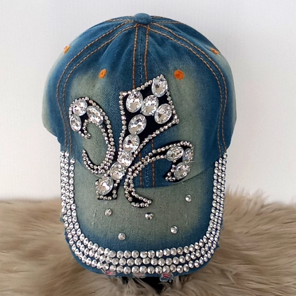 Fleur di Lis Bling 💎 Denim Baseball Cap - Picture 1 of 12